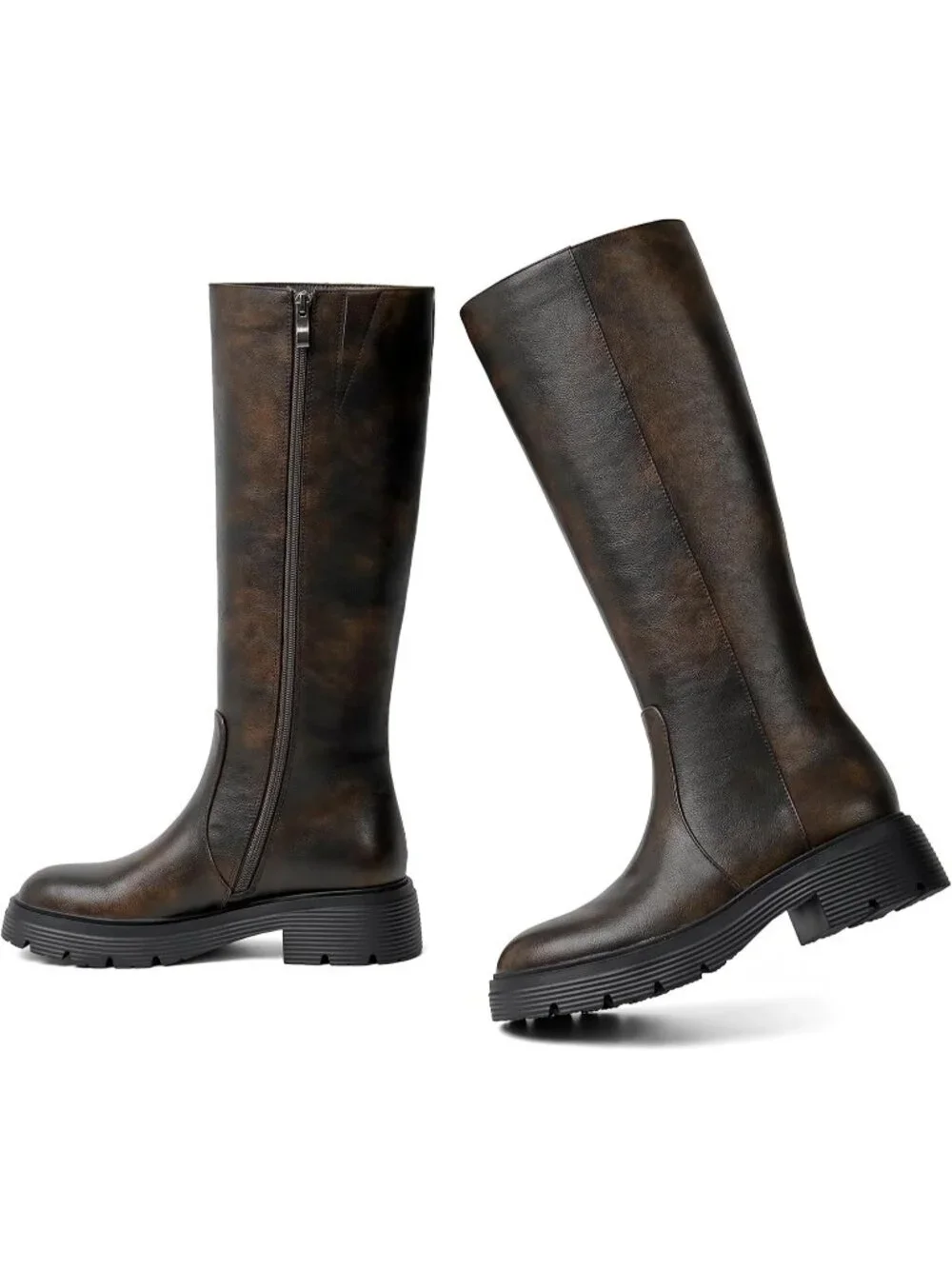 Women's Retro Chocolate Faux Leather Low Block Heel Side Zipper Knee High Boots